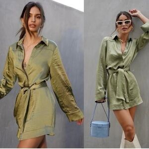 Camila Coelho Priscilla Long Sleeve Button-Up Mini Dress Sage Green XS